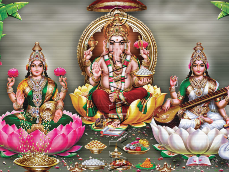 Ganesh Lakshmi Saraswathi With Lotus Sky BG