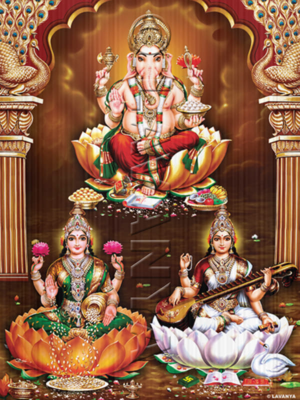 Ganesh Lakshmi Saraswathi With Lotus Antique BG