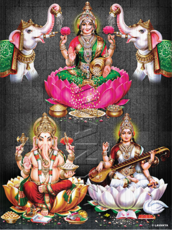 Lakshmi with Elephants Ganesh Saraswathi Grey BG