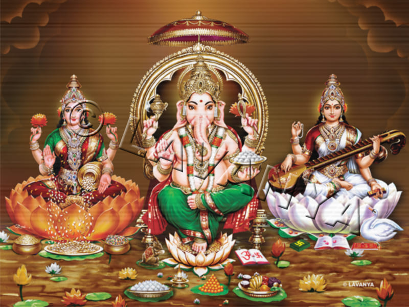 Lakshmi Ganesh with Green Vastr & Saraswathi Antiqur BG