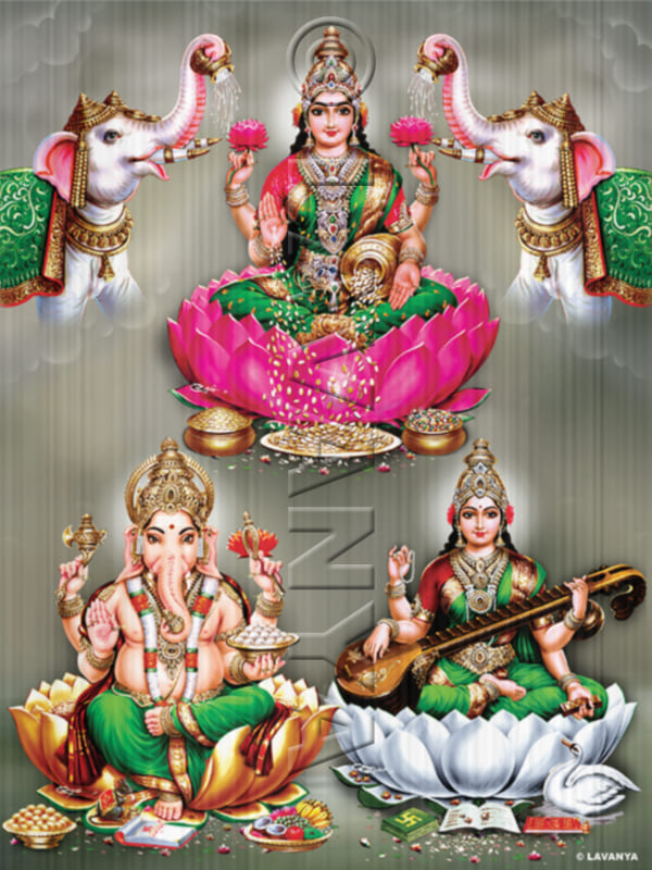 Lakshmi with Elephants Ganesh Saraswathi Sky BG